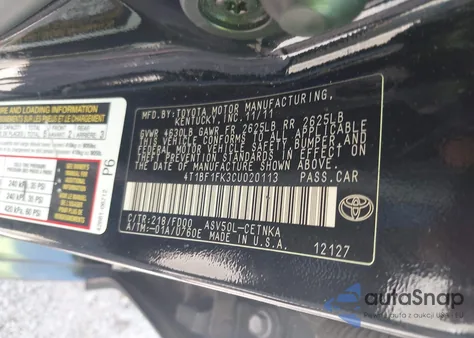 2012 Toyota Camry Le из США, поврежденный, VIN 4T1BF1FK3CU020113